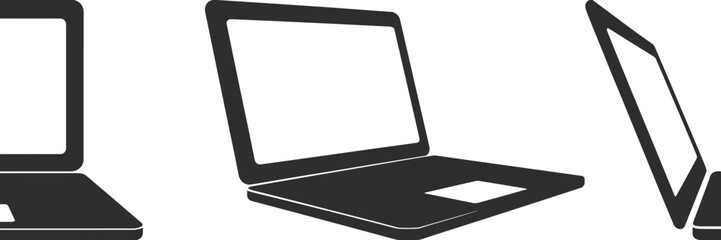 Three laptop computer icons in different perspectives on white background Keywords: laptop, computer, technology, device