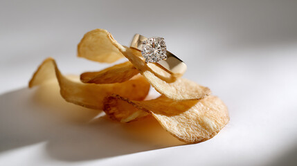 Sparkling diamond adorns golden ring, delicately placed on crispy, light brown potato snack. Luxury meets everyday indulgence in a captivating still life
