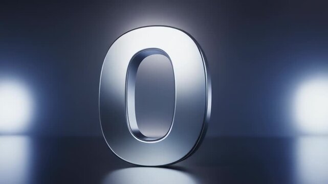 A large, shiny, metallic zero sits on a reflective surface against a blurred blue background