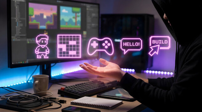 Indie game developer with pink game creation holograms