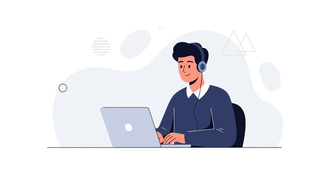 Young man wearing headphones working on laptop, modern flat illustration