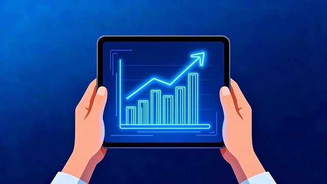 Hands holding tablet with growth chart