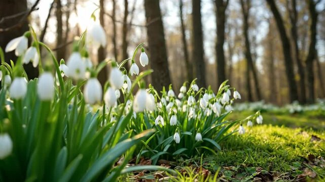A tranquil forest scene featuring blooming snowdrops in spring.