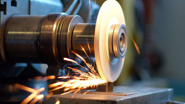Close-up of an industrial grinding machine sharpening or polishing metal with bright sparks flying. Concept of manufacturing, metalworking, engineering, and industrial production