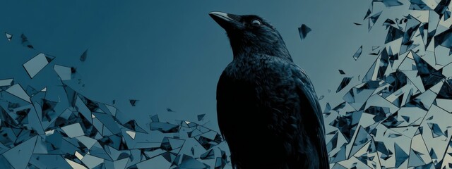 Fototapeta premium Silhouette of Raven Emerging from Shattered Geometric Fragments Against a Dark Blue Background