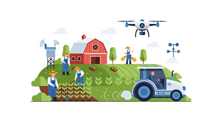 Fototapeta premium Smart Farming and Precision Agriculture Illustration: Farmers, Tractor, Drone, and IoT Sensors Working on a Modern Digital Farm.