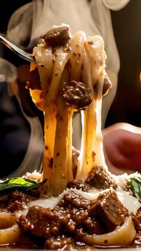 Close-up fork lifting steaming bucatini pasta with meat ragu and melted cheese.