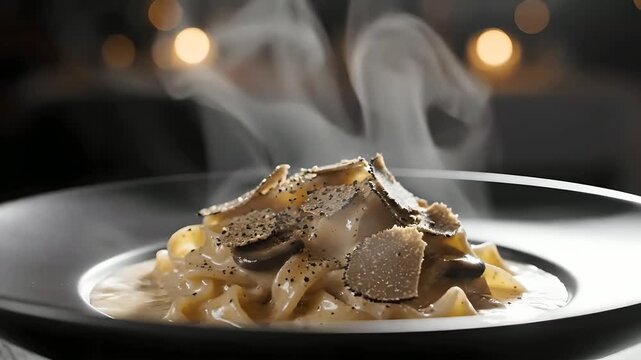 Steaming truffle mushroom cream pasta with shaved truffles on a black plate