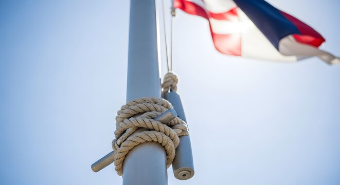 American flag waving on a pole with a nautical rope tied around it