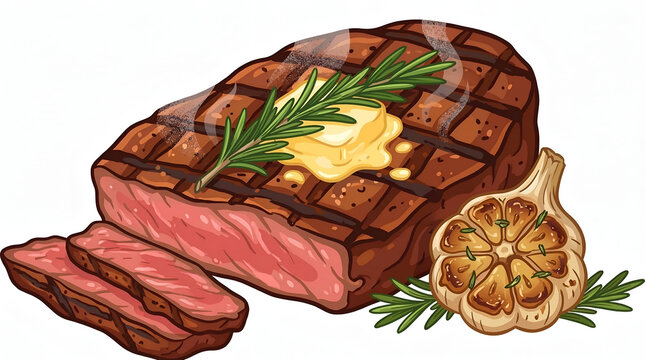 Grilled beef ribeye steak with grill marks and rosemary