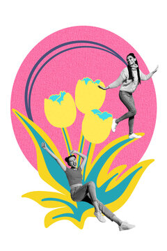 Exclusive image vertical photo collage of two happy girls friends dance together ukraine tulips bouquet celebration spring day