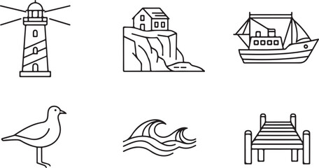 Obraz premium Lighthouse cliff house boat seagull waves bench line desig