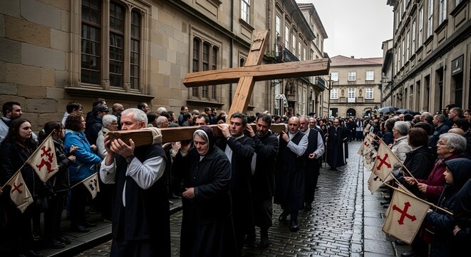 A solemn procession of people carrying a large wooden cross through a crowded street