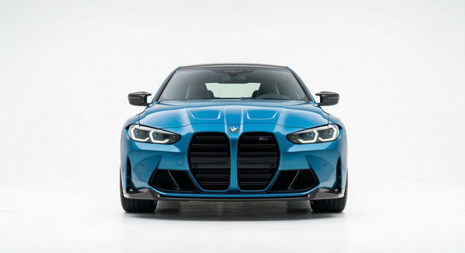 Front View of a Blue BMW M4 against a white background	