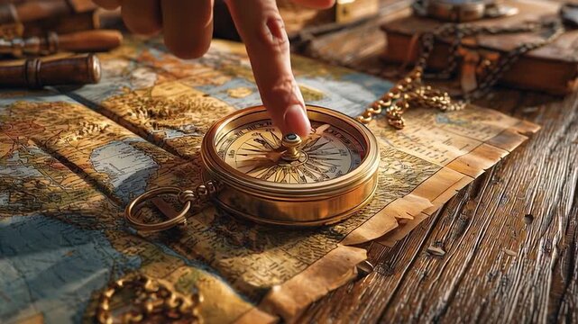 Vintage compass on ancient map