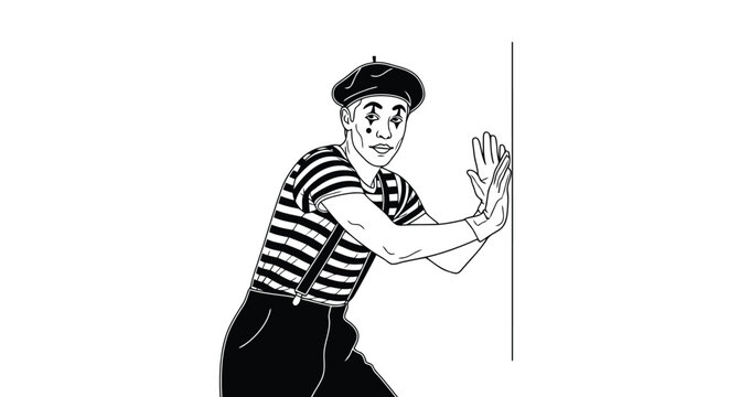 Mime actor pushing on invisible wall in flat illustration isolated on white background