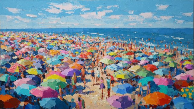 Vibrant Beach Scene with Colorful Umbrellas and Joyful Atmosphere on a Sunny Day by the Ocean