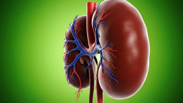 3D Animation of Human Kidneys with Renal Arteries and Veins on Green Background