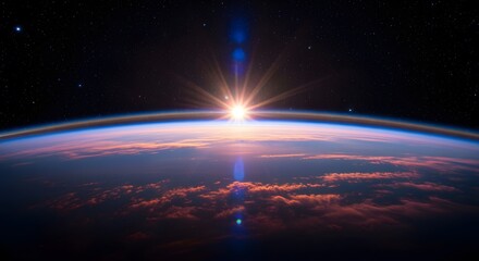 Obraz premium Sun rising over earth planet horizon seen from outer space with atmospheric glow orange clouds starry background and blue lens flare effect