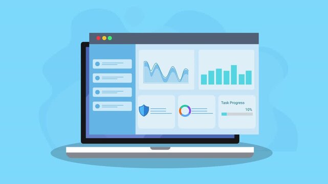 Animated laptop displaying a data analytics dashboard with charts, graphs, and security shield icon. Flat vector motion design representing digital protection, monitoring, and technology interface.