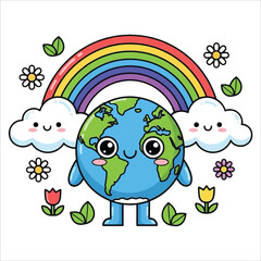Obraz premium Cute Cartoon Earth with Rainbow and Clouds - Eco-friendly Environment and Global Friendship Illustration Vector Design