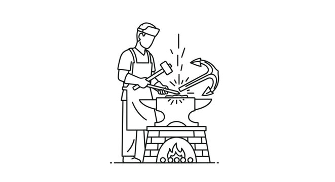 Blacksmith working at anvil with hammer and hook in traditional workshop setting flat illustration isolated on white background