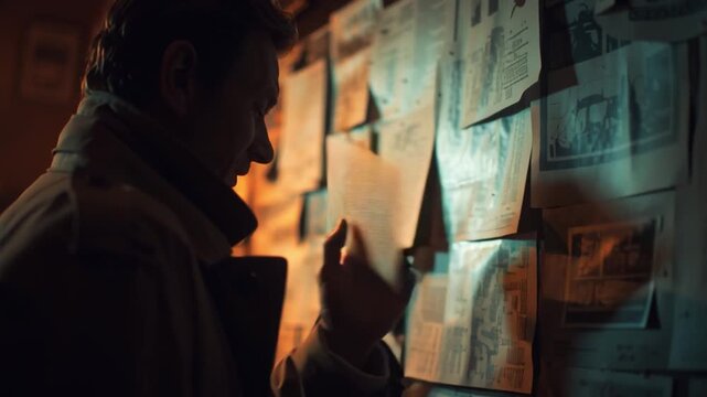 Detective looking at investigation evidence board