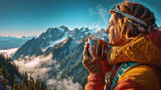 Hands holding hot coffee mug with mountain view