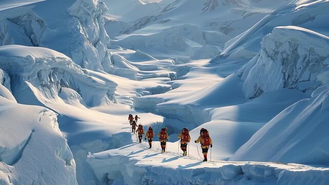 Group of hikers trekking on vast snowy glacier
