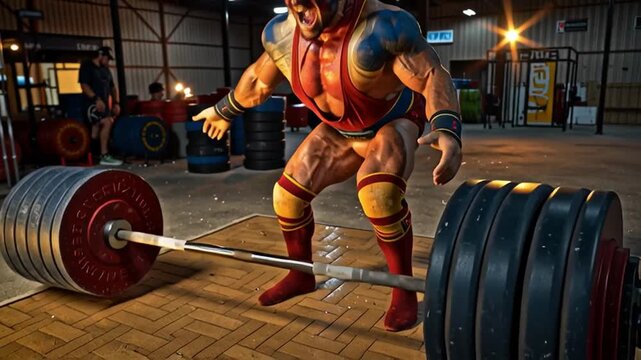 Intense weightlifter lifting heavy barbell