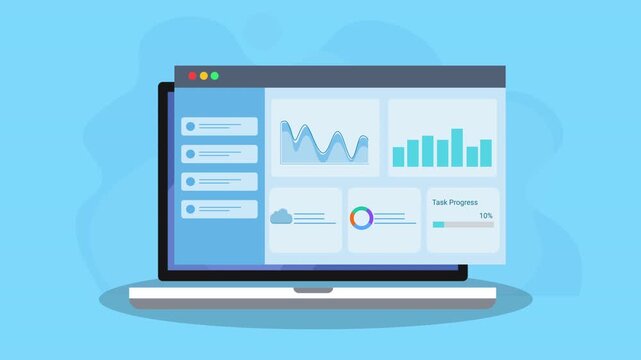 Animated laptop displaying a modern data analytics dashboard with charts, graphs, and statistics panels. Flat vector motion design representing digital business reporting and technology interface.