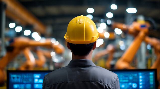 Engineer in yellow hard hat observe robotic arm operations at modern industrial plant, supervise automated manufacturing process on factory floor