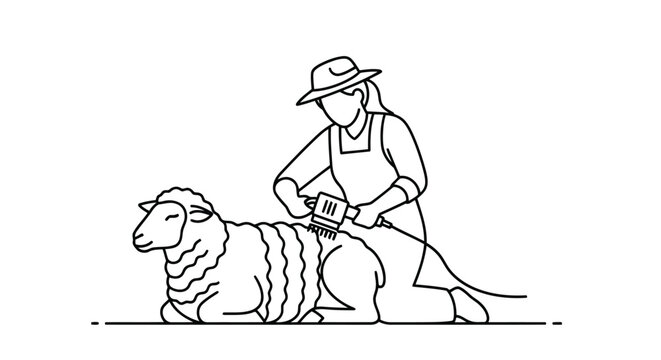 Farmer shearing sheep with electric clippers in a farm setting, simple line drawing style isolated on white background