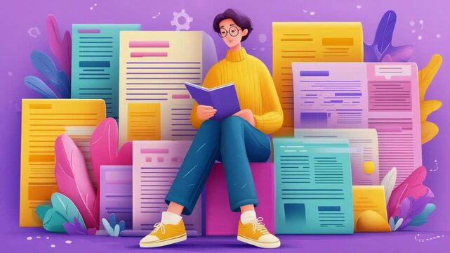 Cartoon style illustration of a woman sitting and reading a book with floating document pages in the background. Concept of learning, study, knowledge, and information.