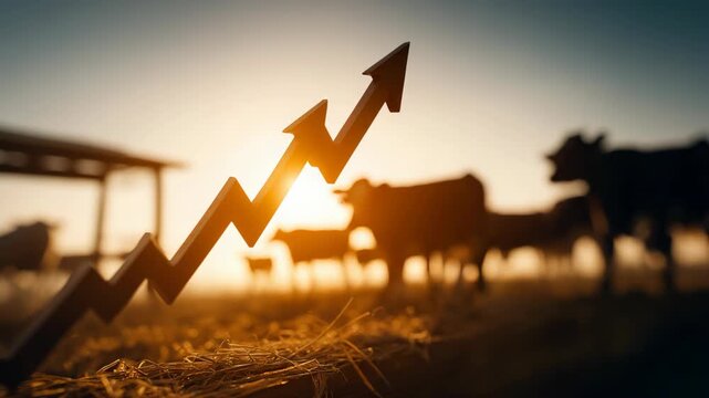 Cattle standing together in a field with a rising white arrow symbolizing food price increase and livestock supply pressure. Concept of meat inflation, agriculture crisis,