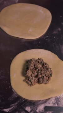 Delicious manti and khinkali are made from mutton, pork, veal and mushrooms. Asian and Georgian cuisine. Meat dishes. Vertical video.
