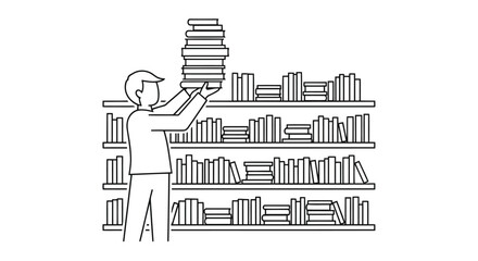 Obraz premium Man arranging books on a shelf in a library with a modern flat design isolated on white background