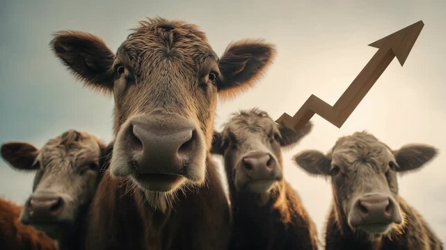 Cattle standing together in a field with a rising white arrow symbolizing food price increase and livestock supply pressure. Concept of meat inflation, agriculture crisis,