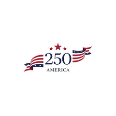 A patriotic logo featuring 250 America with red, white, and blue stars and stripes on a clean white background