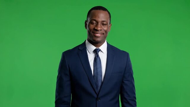 Portrait of a smiling young black businessman in a navy blue suit standing against a green screen background.