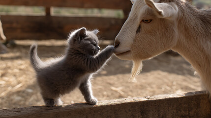 Charming grey kitten gently interacting with a friendly goat on a rustic wooden fence, bathed in soft afternoon light, highlighting interspecies bond