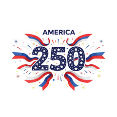 Obraz premium Vibrant graphic illustration celebrating America 250 with patriotic ribbons, stars, and fireworks on a white background