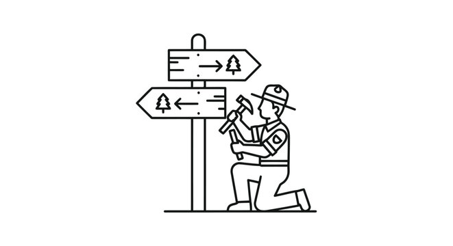 Man installing directional signpost with arrows on flat design isolated on white background