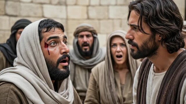 Jesus Christ, divine healer, compassionately restoring sight to a suffering blind man, an act of faith, biblical miracle, sacred theology