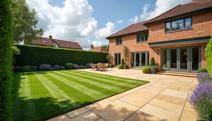 Obraz premium Manicured lawn and stone patio area at a modern brick house. Outdoor dining set waits near garden hedges and blooming lavender plants. Lush green backyard space with neat landscaping.