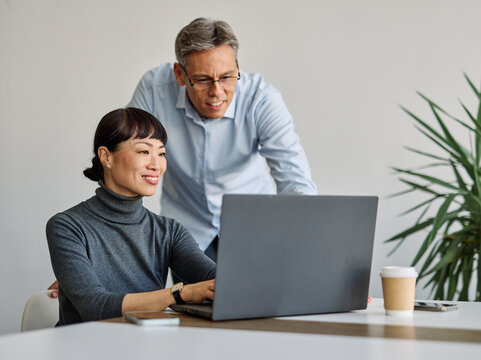 Portrait of young businesswoman and mid aged businessman using laptop having a meeting or presentation and seminar in the office