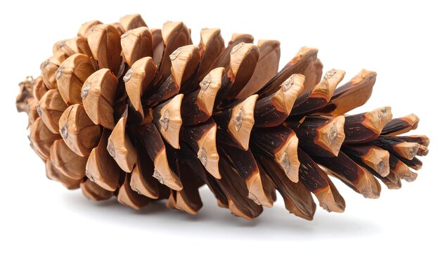 Close-up of a pine cone resting on a white surface, showcasing the detailed scales and earthy tones