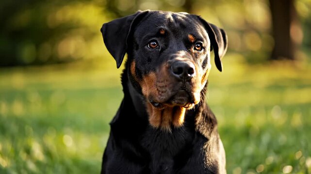 Close-up of rottweiler sitting on green grass in sunny park at sunset with golden light and blurred trees background. Concept of pet loyalty and peaceful guardian