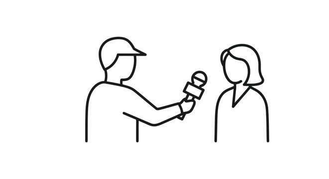 Man interviewing woman with microphone in minimalist flat design isolated on white background