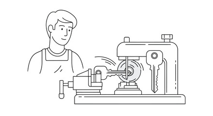 Fototapeta premium Man working with key on metalworking lathe machine in flat design isolated on white background
